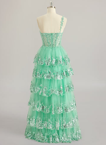 A-line One Shoulder Floor-Length Lace Tulle Maxi Dresses With Sequins